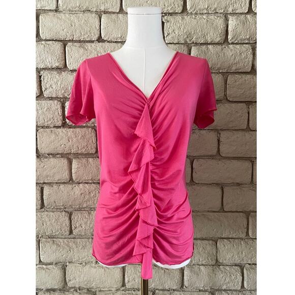 Banana Republic Tops - Banana Republic Pink Ruffle Front V-Neck Blouse - Short Sleeve Size Medium